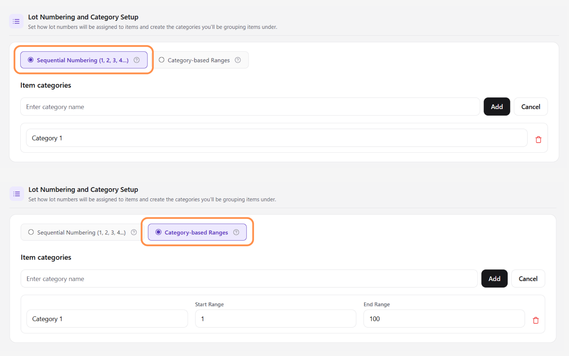 Setting up lot numbering and categories