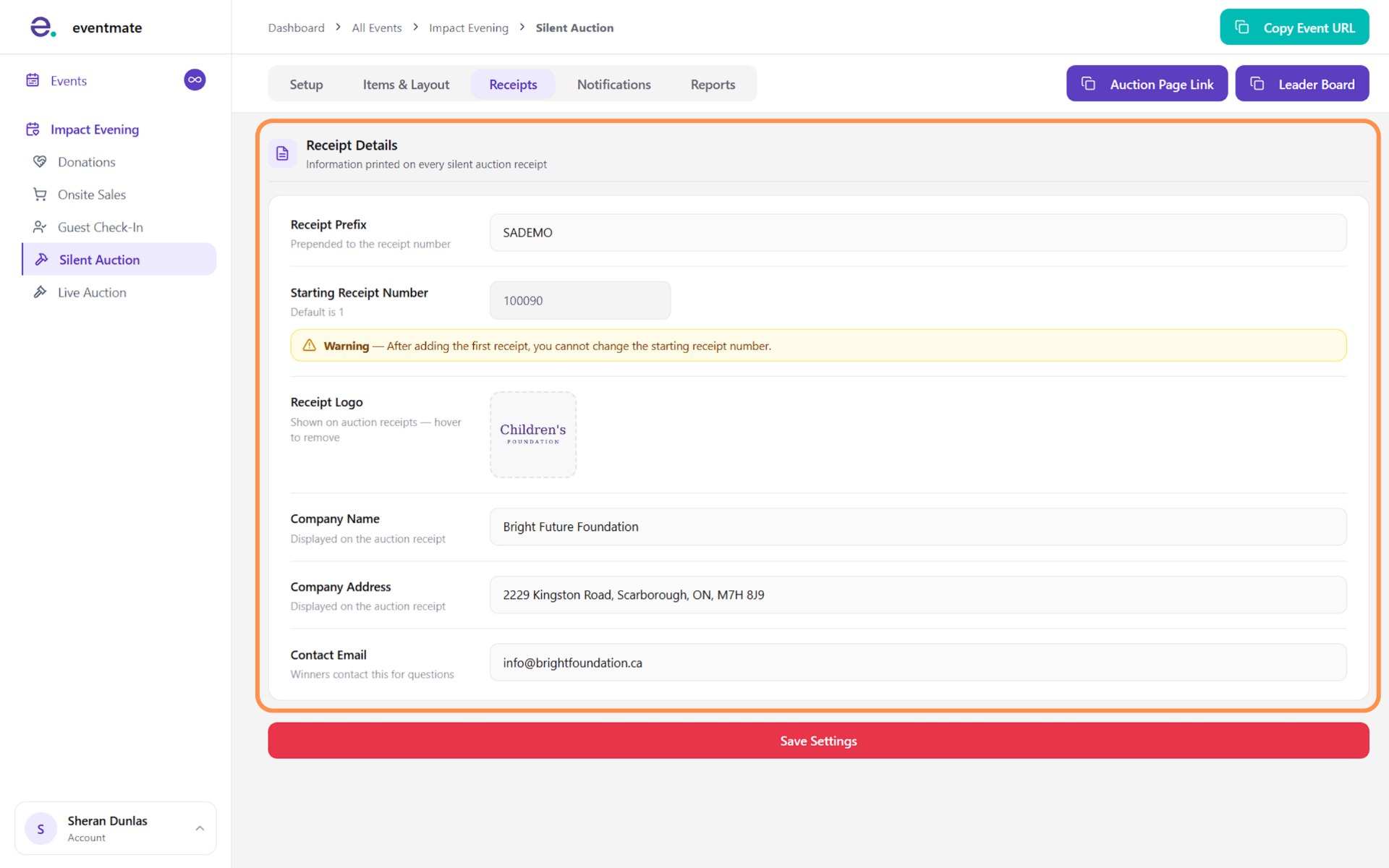 Setting up your receipt details