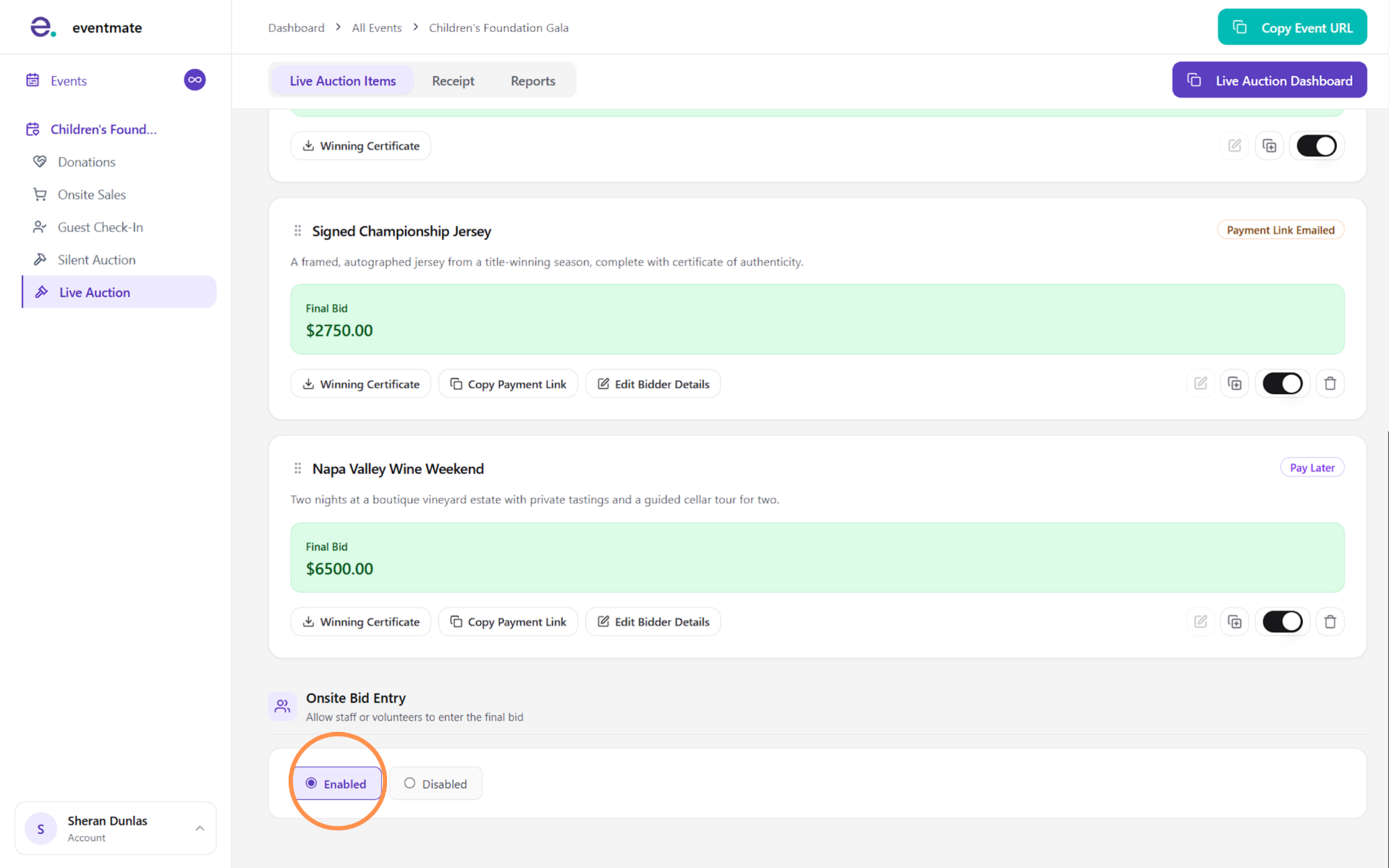 Letting staff enter bids from the live auction dashboard